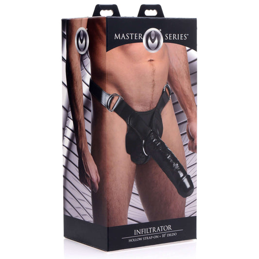 Infiltrator Hollow Strap On Harness With Dildo 10 In. Black