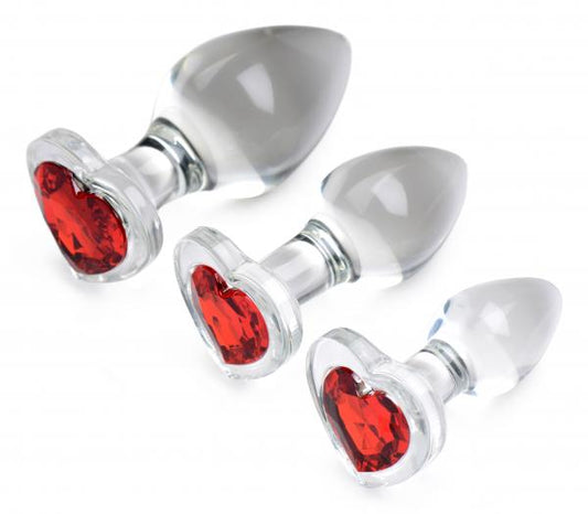 Glass Anal Plug 3 Piece Set With Red Heart Gem