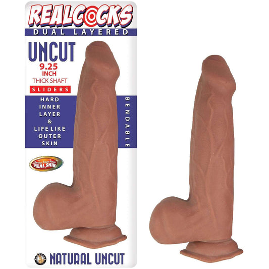 Realcocks Dual Layered Uncut Slider Dildo Thick Shaft 9.25 In. Brown