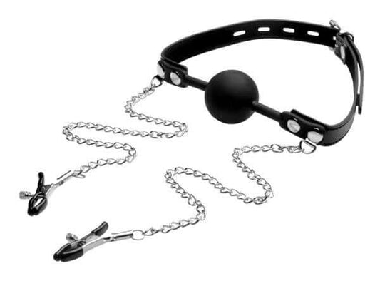 Strict Silicone Ball Gag With Nipple Clamps Bondage BDSM Black