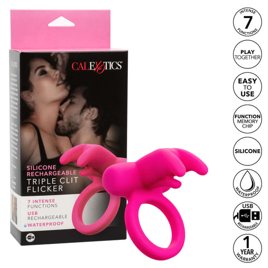 Rechargeable Vibrating Silicone Cock Ring Triple Clit Flicker Pink