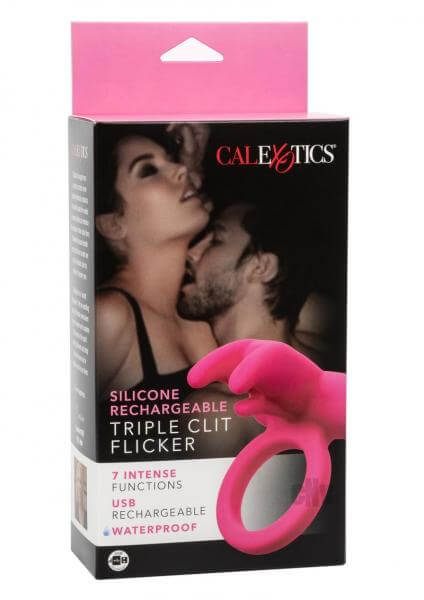 Rechargeable Vibrating Silicone Cock Ring Triple Clit Flicker Pink