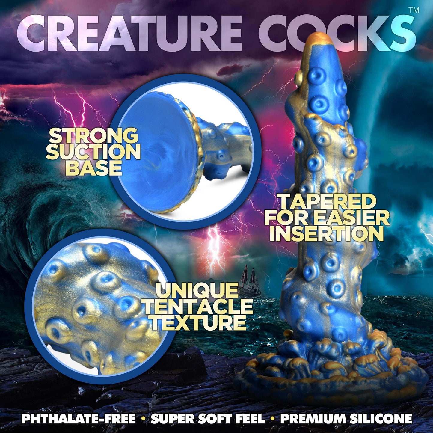 Creature Cocks Kraken Silicone Dildo With Suction Cup Blue/Gold