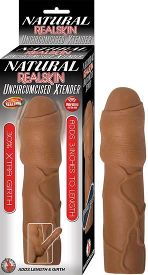 Uncircumcised Penis Xtender Removable Bullet Waterproof Natural Realskin Brown