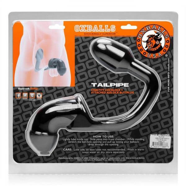 Oxballs Tailpipe, Chastity Penis-Lock And Attached Butt Plug, Black