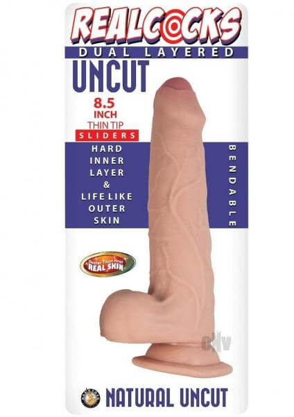 Dual Layered Uncut Slider Thin Tip Dildo Realcocks 8.5 In. Beige