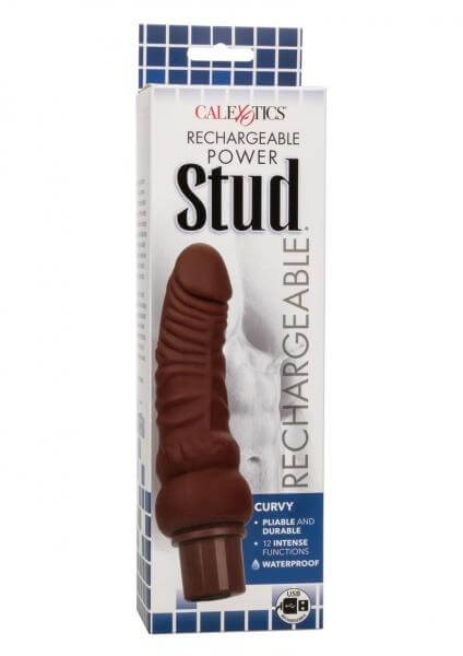 Rechargeable Vibrating Silicone Dildo Power Stud Curvy 6.75 In. Brown