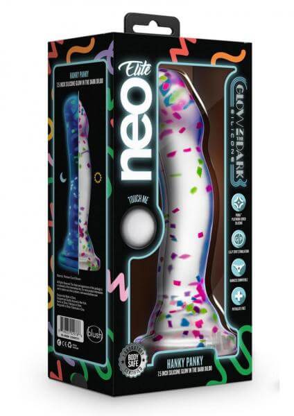 Silicone Confetti Dildo Glow In The Dark Neo Elite Hanky Panky 7.5 In.