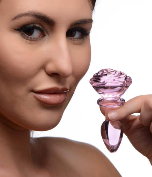 Glass Flower Butt Plug Pink Rose Glass Anal Plug 3.8 In. Small