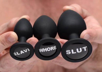 Silicone Tapered Butt Plugs Dirty Words Anal Plug Set 3 Piece Black