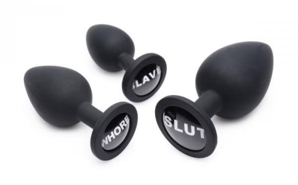 Silicone Tapered Butt Plugs Dirty Words Anal Plug Set 3 Piece Black