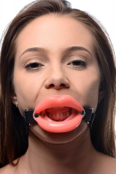 Silicone Mouth Gag Sissy Bondage Pink Lips Black Leather Strap