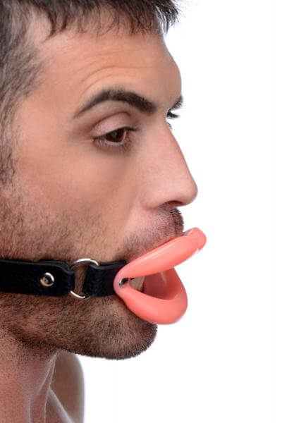 Silicone Mouth Gag Sissy Bondage Pink Lips Black Leather Strap