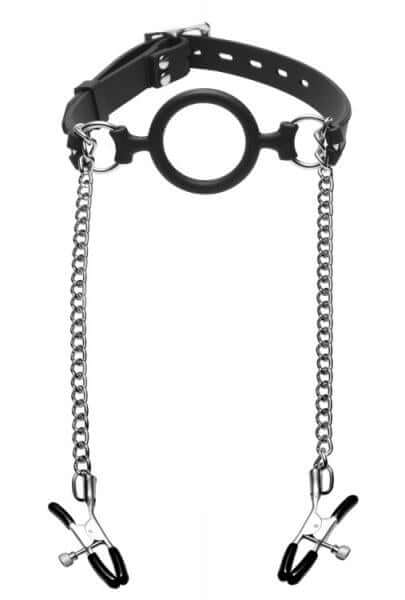 Mutiny Silicone O Ring Gag With Nipple Clamps BDSM Black