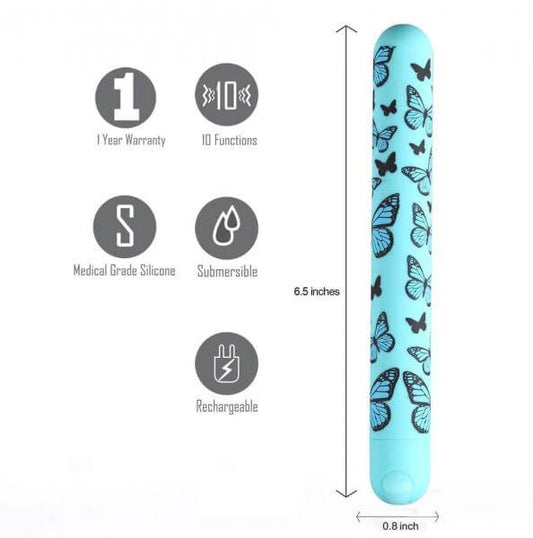 Long Rechargeable Bullet Vibrator Silicone Monarch Butterfly Pattern 6 In. Blue