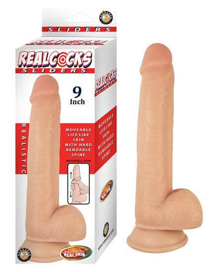 Moveable Skin Bendable Realistic Dildo W/Suction Cup Realcocks Sliders Beige 9 In.