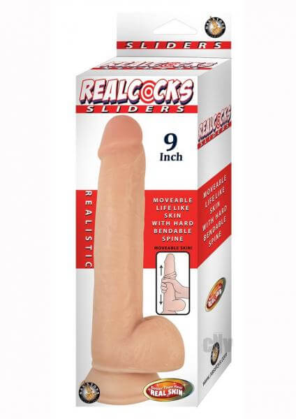 Moveable Skin Bendable Realistic Dildo W/Suction Cup Realcocks Sliders Beige 9 In.