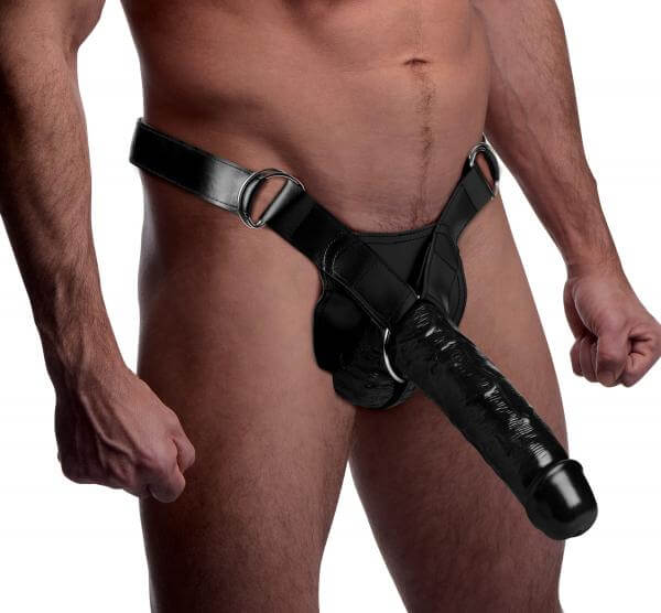 Infiltrator Hollow Strap On Harness With Dildo 10 In. Black