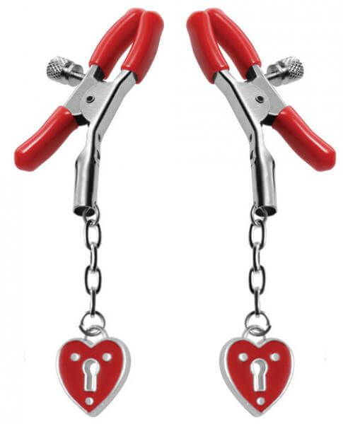 Captive Heart Padlock Adjustable Nipple Clamps Bondage BDSM Red