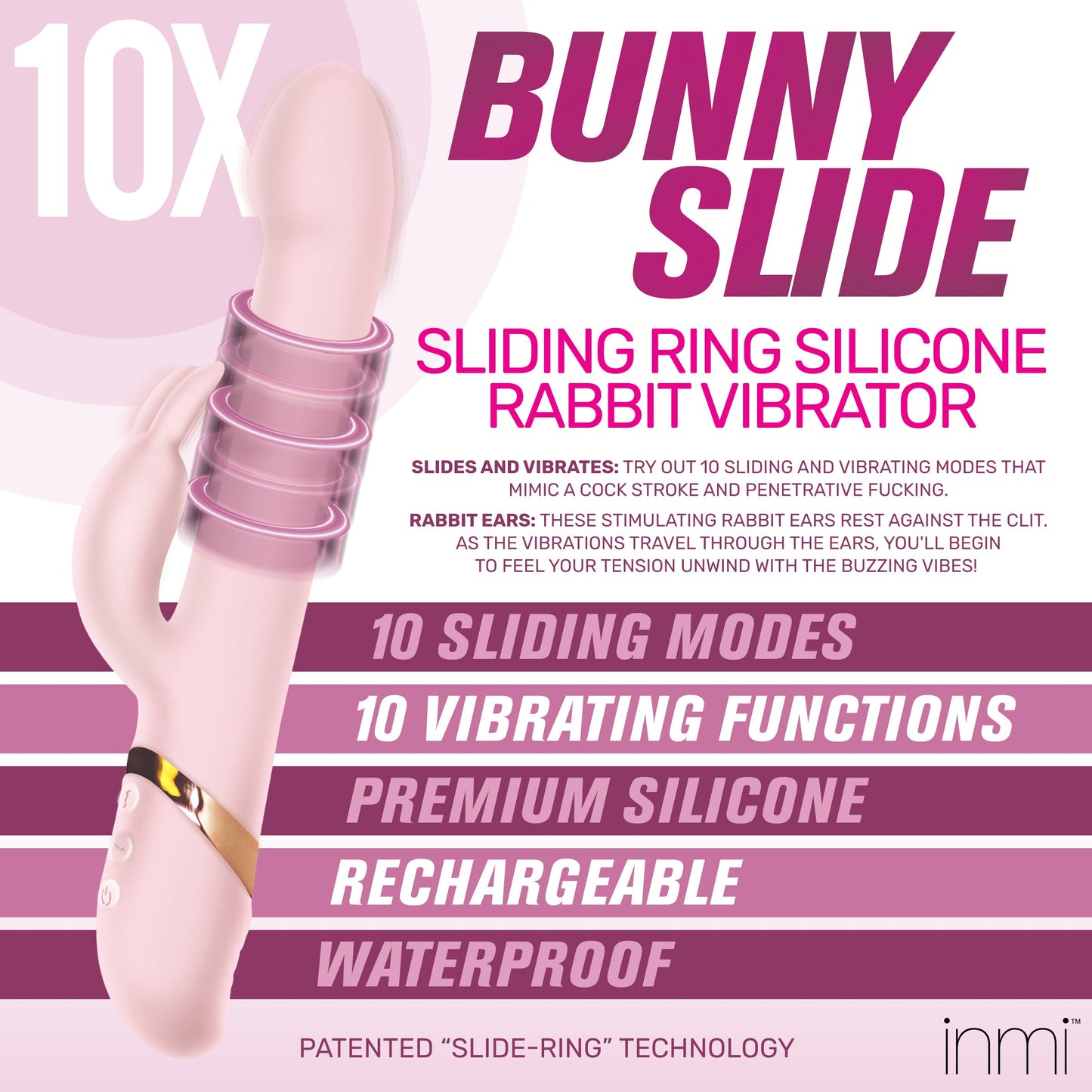 Rechargeable Silicone Rabbit Vibrator With Sliding Ring 10X Pink