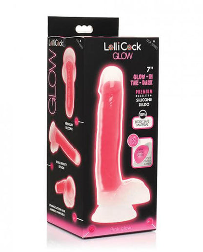 Glow In The Dark Silicone Dildo W/Balls Curve Toys Lollicock 7 In. Pink